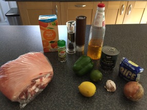 Ingredients for Cuban Pernil Relleno con Moros y Cristianos (Pork shoulder stuffed with black beans stewed with white rice)