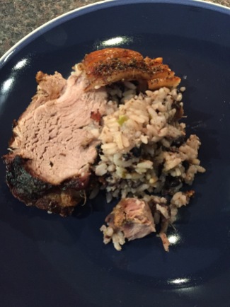 Pernil Relleno con Moros y Cristianos (Pork shoulder stuffed with black beans stewed with white rice)