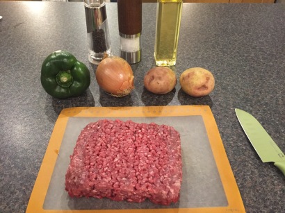 Ingredients for Jo jo meat balls (made with beef, green pepper, potato and egg)