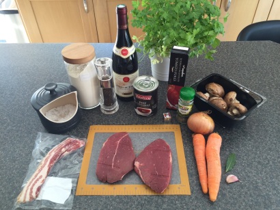 Ingredients for Bœuf bourguignon (beef braised in red wine with onions and mushrooms)